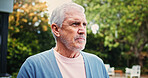 Garden, thinking and mature man in morning for reflection, nostalgia and daydreaming outdoors. Retirement, weekend and senior person in home backyard for fresh air, memory and remember for wellness