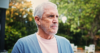 Buy stock photo Garden, thinking and mature man in morning for reflection, nostalgia and daydreaming outdoors. Retirement, weekend and senior person in home backyard for fresh air, memory and remember for wellness