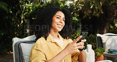 Buy stock photo Home, woman and thinking with smartphone, outdoor and message on social media app, happy or chilling. Backyard, reflection and person with mobile for communication, relax and chat with contact on web