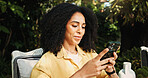 Home, woman and online with smartphone, outdoor and message on social media app, happy and chilling. Backyard, texting and person with mobile for communication, relax and chat with contact on web