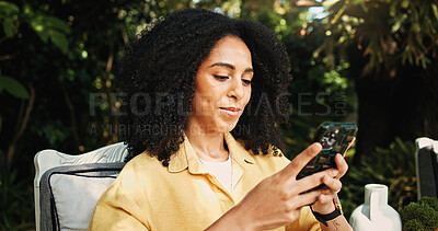 Buy stock photo Home, woman and online with smartphone, outdoor and message on social media app, happy and chilling. Backyard, texting and person with mobile for communication, relax and chat with contact on web