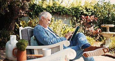 Buy stock photo Senior man, relax and tablet in backyard for social media, browsing website and morning news. Elderly person, resting and digital for reading ebook, download games and outdoor for app subscription