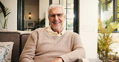 Buy stock photo Happy, portrait and senior man outdoor in backyard for relax, calm or peace in morning at home. Sofa, glasses and elderly male person in retirement on patio with confidence in garden at house.