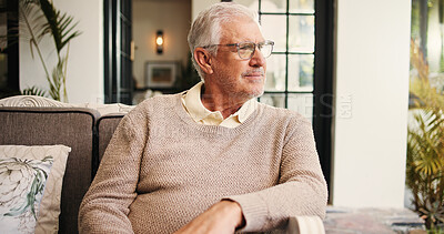 Buy stock photo Thinking, relax or old man on sofa with break, peace or positive memory in retirement. Calm, mindfulness or senior person in house with reflection, nostalgia or daydream on weekend afternoon.