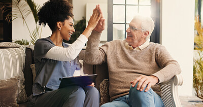 Buy stock photo High five, clipboard and nurse with old man on sofa in home for support, healthcare advice and help. Elderly care, medical assistance and positive results with senior person in house for nursing