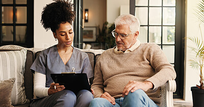 Buy stock photo Clipboard, discussion and nurse with senior patient on sofa for consultation at retirement home. Healthcare checklist, checkup and caregiver with elderly man in living room for medical diagnosis.