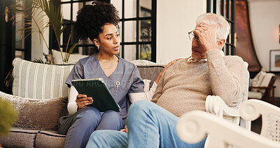 Buy stock photo Tablet, checkup and nurse with senior man on sofa for discussion on diagnosis at retirement home. Digital technology, stress and caregiver with elderly male patient in living room for medical plan.
