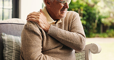 Buy stock photo Hands, sofa and shoulder pain in home, injury and senior man in lounge with joint inflammation. Elderly person, frustrated and muscle fatigue for osteoporosis, tendinitis and stress on couch at house