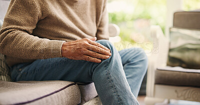 Buy stock photo Knee pain, hands or elderly person in house with massage, hurt joint or stiffness in leg injury. Gout, retirement and senior man on sofa with ache, inflammation and muscle tension in osteoporosis.