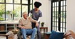 Wheelchair, help and nurse with old man in home for support, healthcare advice and hip fracture. Elderly care, medical assistance and multiple sclerosis with senior person with a disability in house
