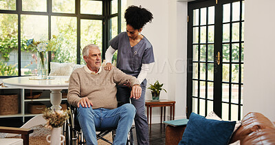 Buy stock photo Wheelchair, help and nurse with old man in home for support, healthcare advice and hip fracture. Elderly care, medical assistance and multiple sclerosis with senior person with a disability in house