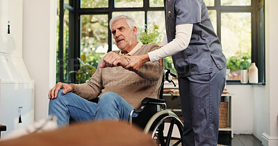 Buy stock photo Senior man, physiotherapy and arm injury with stretching, mobility exercise and recovery in home. Caregiver, rehabilitation and elderly person with disability, support and wheelchair in retirement
