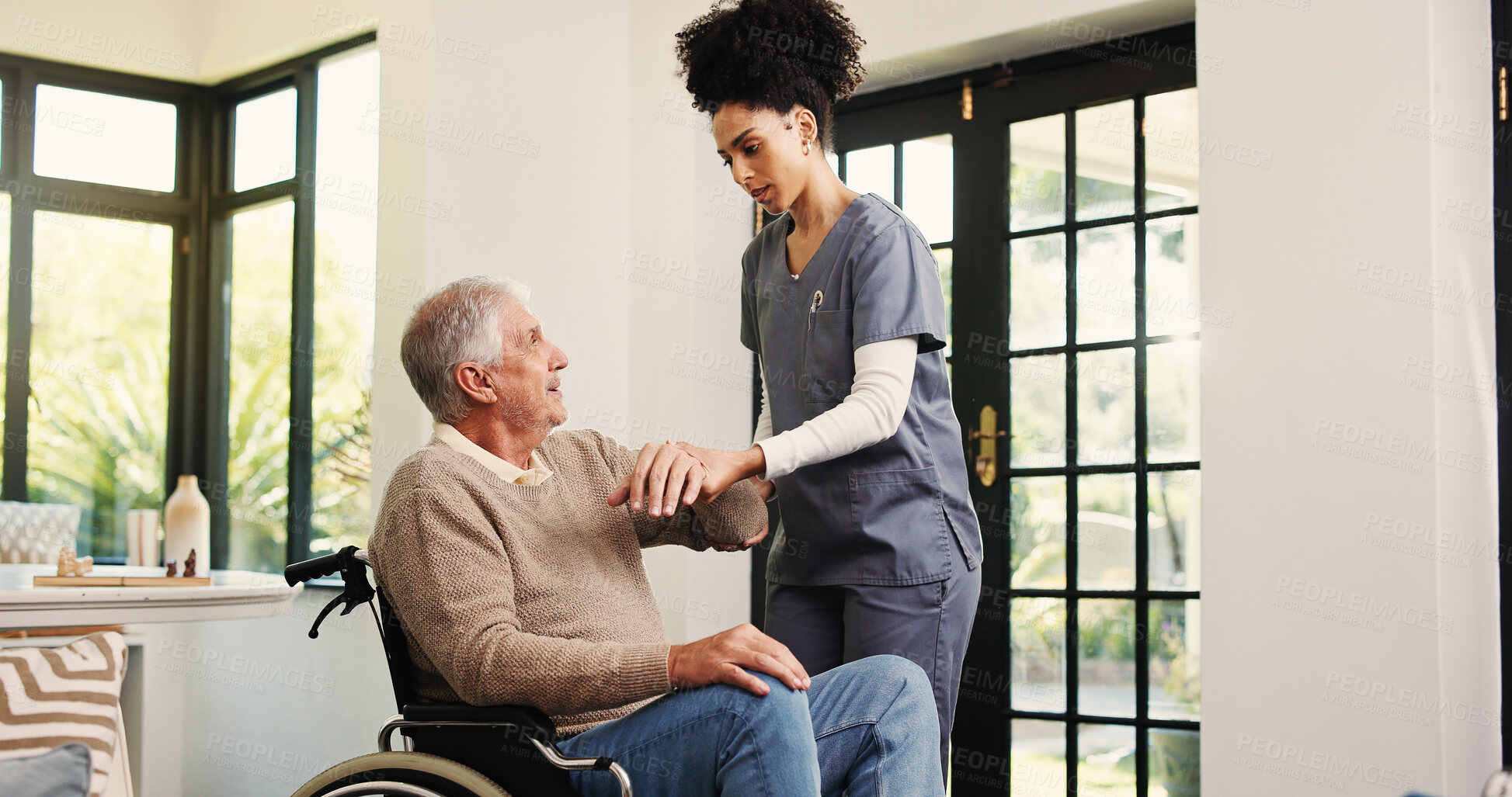 Buy stock photo Wheelchair, support and nurse with old man in home for volunteer, healthcare advice and hip fracture. Elderly care, medical assistance and multiple sclerosis with senior person with a disability