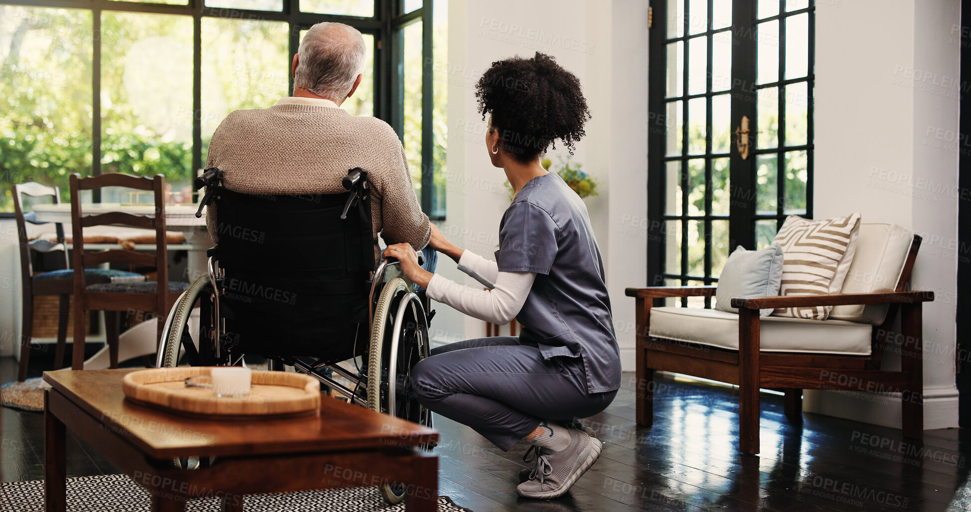 Buy stock photo Nurse, old man and thinking in wheelchair at window for recovery, support or assisted living in house. People, caregiver and elderly patient with disability, rehabilitation or back in retirement home