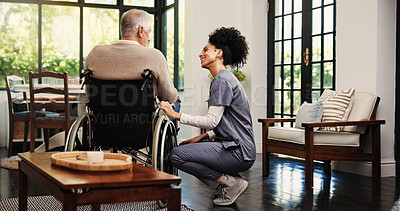 Buy stock photo Wheelchair, advice and nurse with old man in home for support, healthcare and hip fracture. Elderly care, medical assistance and multiple sclerosis with senior person with a disability in house