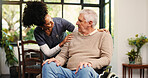 Support, caregiver and elderly man with wheelchair in house, retirement help and kindness for health. Comfort, smile and rehabilitation nurse with senior person with disability, homecare and empathy