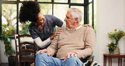 Buy stock photo Support, caregiver and elderly man with wheelchair in house, retirement help and kindness for health. Comfort, smile and rehabilitation nurse with senior person with disability, homecare and empathy