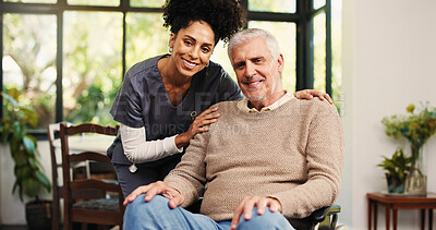 Buy stock photo Portrait, caregiver and old man with wheelchair at house for support, assistance and rehabilitation. Happy, nurse and senior person with disability, healthcare recovery or kindness in retirement home