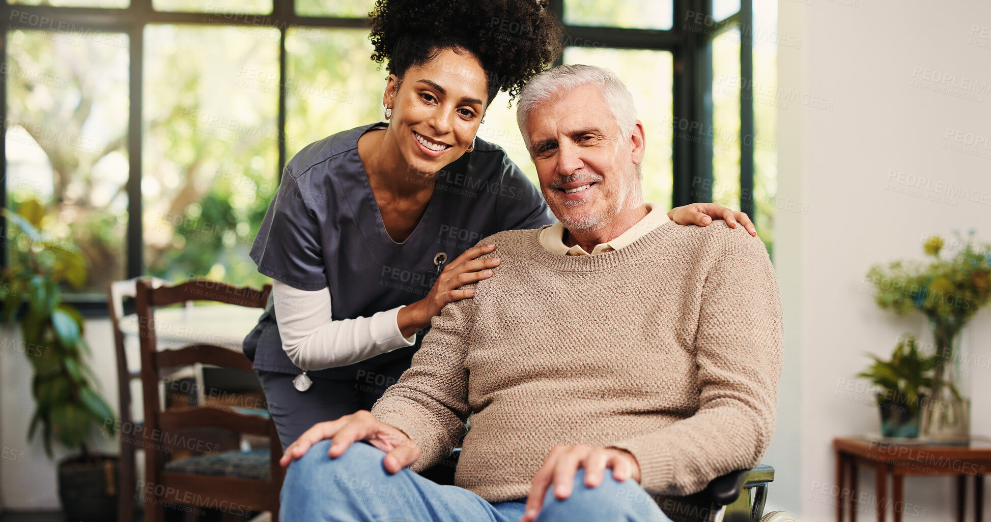 Buy stock photo Portrait, caregiver and old man with wheelchair at house for support, assistance and rehabilitation. Happy, nurse and senior person with disability, healthcare recovery or kindness in retirement home