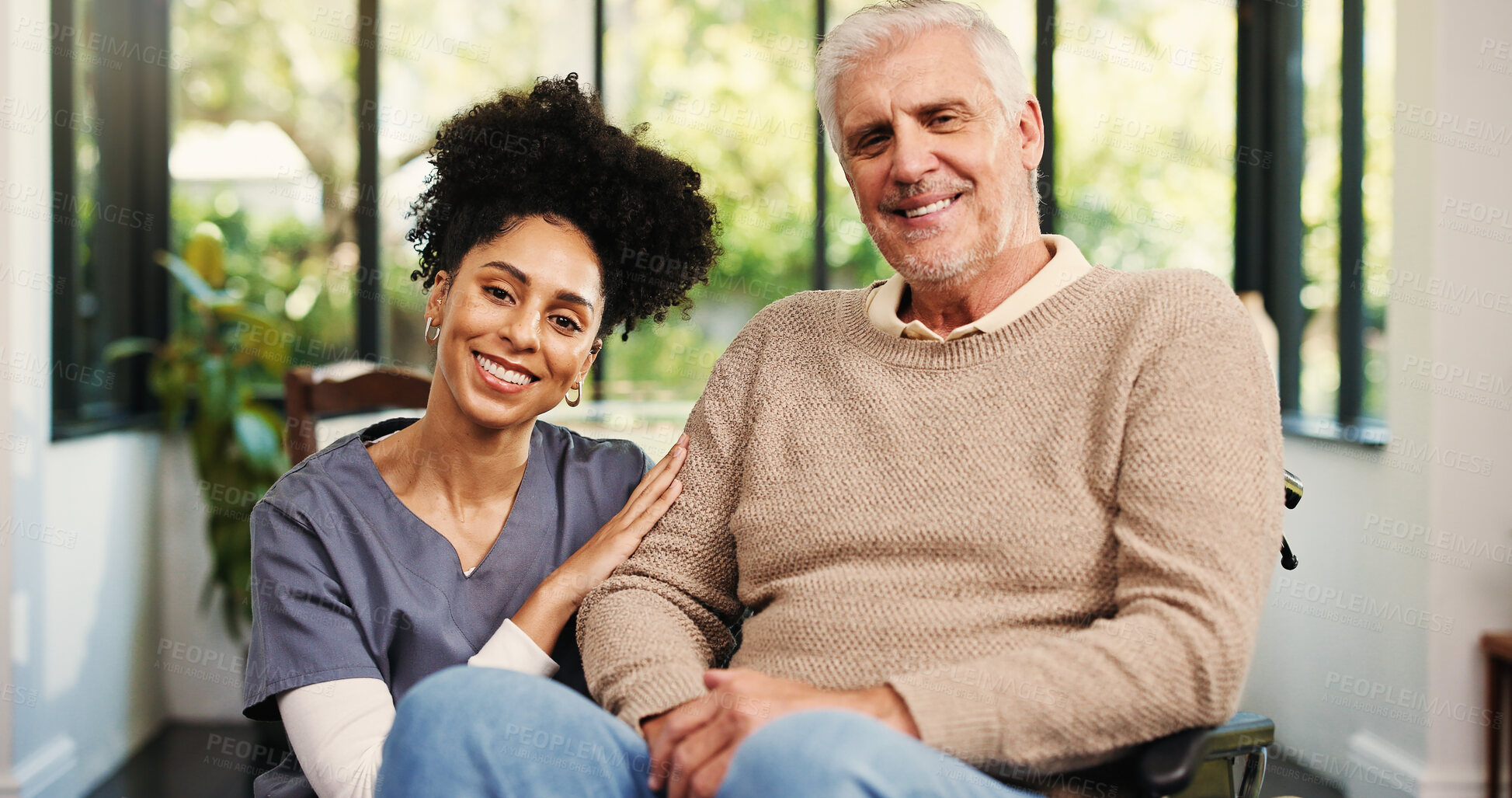 Buy stock photo Wheelchair, portrait and nurse with old man in home for support, healthcare advice and hip fracture. Elderly care, medical assistance and multiple sclerosis with senior person with a disability