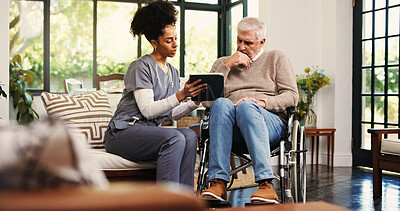 Buy stock photo Tablet, reading and wheelchair with old man and nurse for healthcare report, support or recovery plan. Online medical review, consulting or rehabilitation with senior person with a disability in home