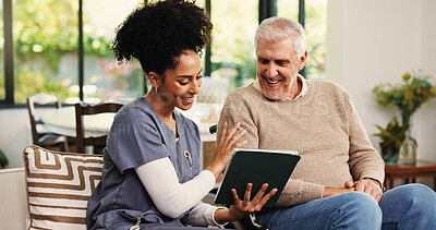 Buy stock photo Reading, tablet and nurse with old man on sofa in house for support, healthcare advice and help. Elderly care, medical assistance and positive results with senior person and tech in nursing home