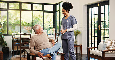 Buy stock photo Conversation, caregiver and senior man in nursing home, retirement assistance and kindness for wellness. Smile, discussion and nurse with old person for support, elderly care and empathy for health