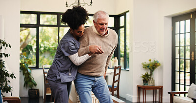 Buy stock photo Senior man, nurse and assisted living with help for mobility, physiotherapy or movement in home. Woman, caregiver and lifting elderly person with a disability for helpful nursing in retirement house