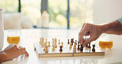 Buy stock photo Senior, hands and playing chess with nurse for board game, strategy or problem solving in home. Closeup, caregiver and elderly person with tactical move, attack or critical thinking in old age house