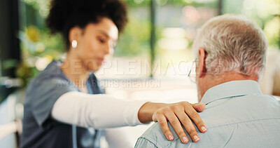 Buy stock photo Senior man, nurse or hand with empathy for healthcare, assisted living or trust in home. Woman, caregiver or touch with elderly patient or comfort for sympathy, understanding or consultation in house