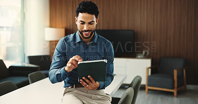 Buy stock photo Happy, tablet and business man in boardroom for finance review, investment and trading analyst. Professional, financial advisor and person on digital tech for stock market trends, research and profit