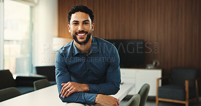 Buy stock photo Realtor, portrait or man in office with smile, pride or experience as property seller. Happy, career or real estate agent in agency with confidence, job goals or profession in housing market.
