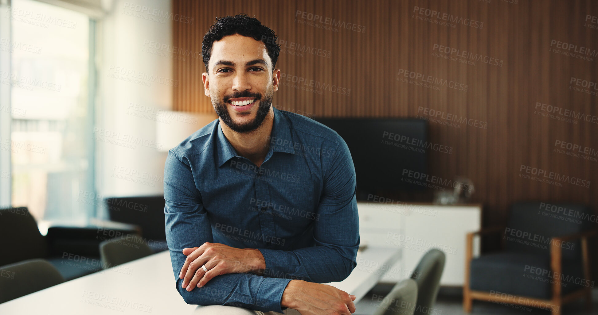 Buy stock photo Realtor, portrait or man in office with smile, pride or experience as property seller. Happy, career or real estate agent in agency with confidence, job goals or profession in housing market.
