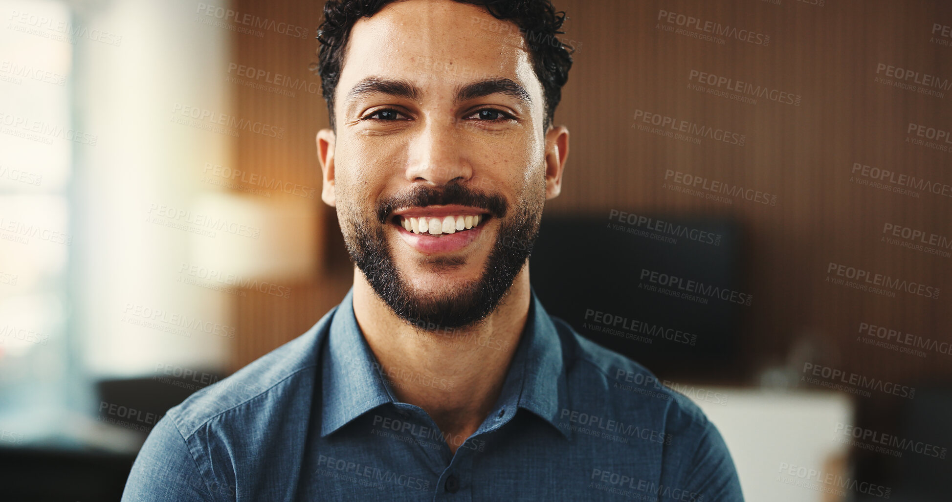 Buy stock photo Realtor, happy or man in agency with portrait, pride or experience as property seller. Smile, space or real estate agent in office with confidence, job goals or profession in housing market.
