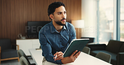 Buy stock photo Thinking, business and man with tablet in office for vision, real estate and property research for auction. Realtor, digital and ideas for expansion negotiation, resale opportunity and viewing agenda