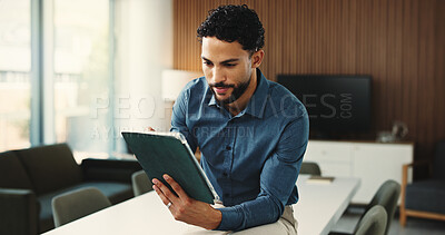 Buy stock photo Typing, tablet and business man in office for finance review, investment and trading analyst. Professional, financial advisor and person on digital tech for stock market trends, research and profit