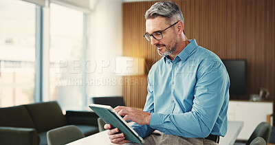 Buy stock photo Business, tablet and mature man in office for finance review, investment and trading analyst. Professional, financial advisor and person on digital tech for stock market trends, research and profit