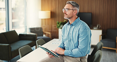 Buy stock photo Thinking, mature man and tablet in office for reflection, real estate, property research and auction. Realtor, digital and solution for expansion negotiation, resale opportunity and viewing schedule