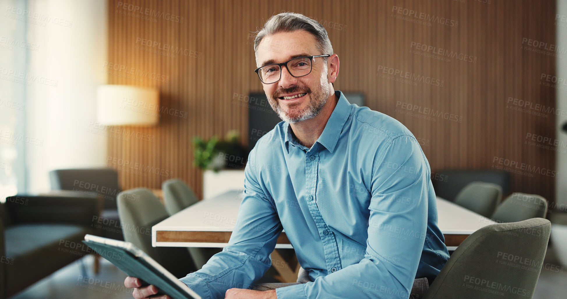 Buy stock photo Portrait, employee and man with tablet, office and happy for career growth or design project on web. Creative, mature person and graphic designer with glasses and tech for brand identity in Canada