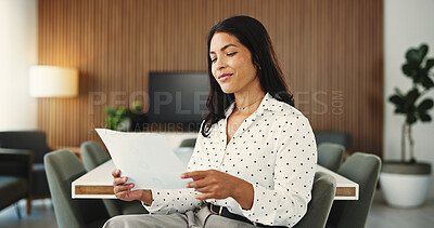 Buy stock photo Businesswoman, reading and smile in office with paperwork for finance report, proposal and budget info. Happy, female person and review in workplace with document, financial planning and evaluation.