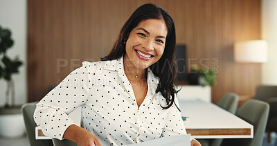 Buy stock photo Startup, business and portrait of creative woman with confidence, pride and smile for editor career. Media agency, office and person for about us for copywriting, news reporter job and publishing