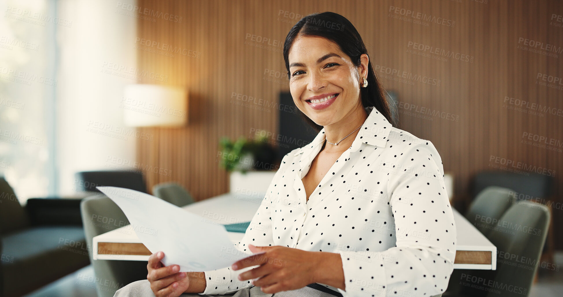 Buy stock photo Document, business and portrait of creative woman with confidence, pride and smile for editor career. Media agency, office and person for about us with copywriting, news reporter job and publishing