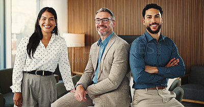 Buy stock photo Startup, business and portrait of creative team with confidence, pride and smile for editor career. Media agency, office and people for about us with copywriting, news reporter job and publishing