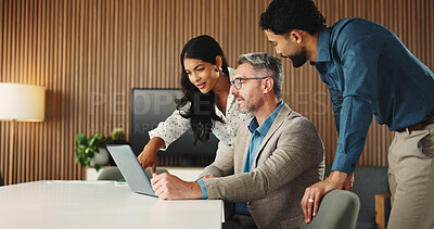 Buy stock photo Laptop, meeting and manager with business people in office for finance report with budget plan. Computer, feedback and financial advisors with investor for investment proposal with deal in workplace.
