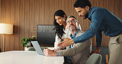 Buy stock photo Laptop, feedback and manager with business people in office for finance report with budget plan. Computer, meeting and financial advisors with investor for investment proposal with deal in workplace.