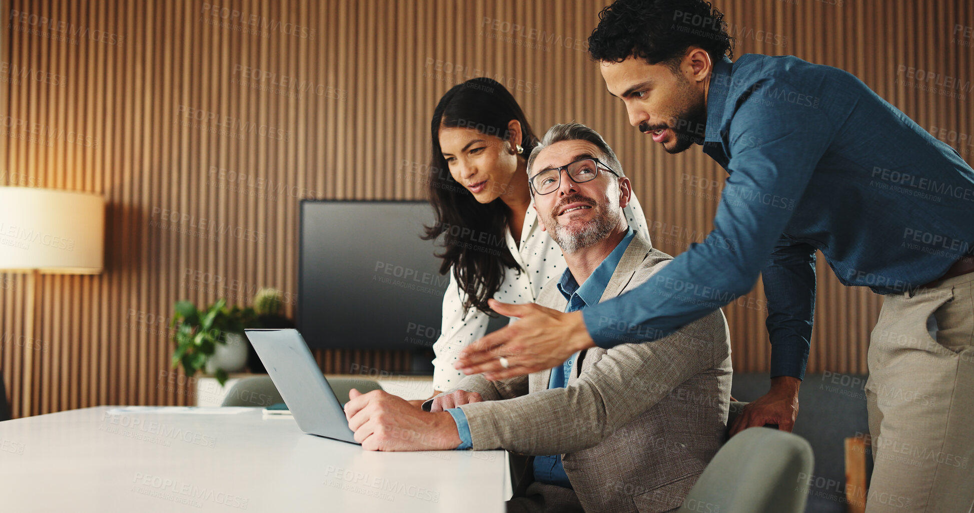 Buy stock photo Laptop, feedback and manager with business people in office for finance report with budget plan. Computer, meeting and financial advisors with investor for investment proposal with deal in workplace.