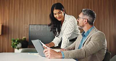 Buy stock photo Happy, business people and laptop with documents for finance, company budget or expenses in office. Businessman, woman or employees with paperwork or computer for financial planning, report or review