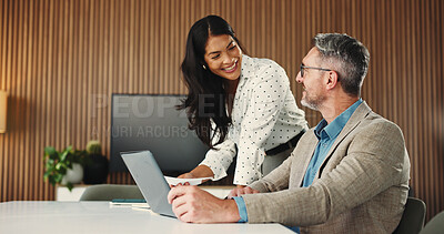 Buy stock photo Laptop, meeting and manager with businesswoman in office for finance report with budget plan. Computer, feedback and financial advisor with investor for investment proposal with deal in workplace.
