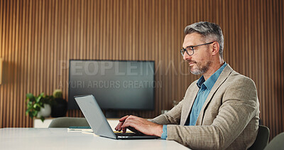 Buy stock photo Typing, man and employee with laptop, office and research for risk assessment on website and online. Business, financial analyst and mature person with tech for budget review and wealth management