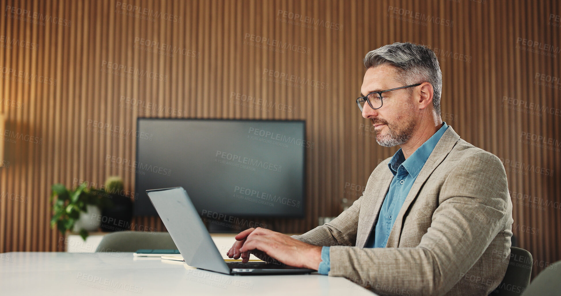 Buy stock photo Typing, man and employee with laptop, office and research for risk assessment on website and online. Business, financial analyst and mature person with tech for budget review and wealth management